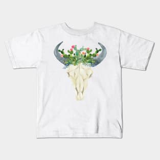 Bull skull with cacti crown - hand painted watercolor Kids T-Shirt